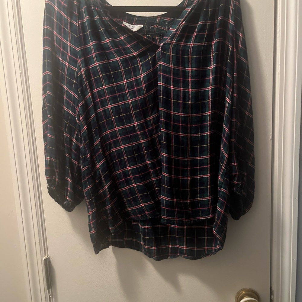 Crown & Ivy Black and Pink Plaid Blouse